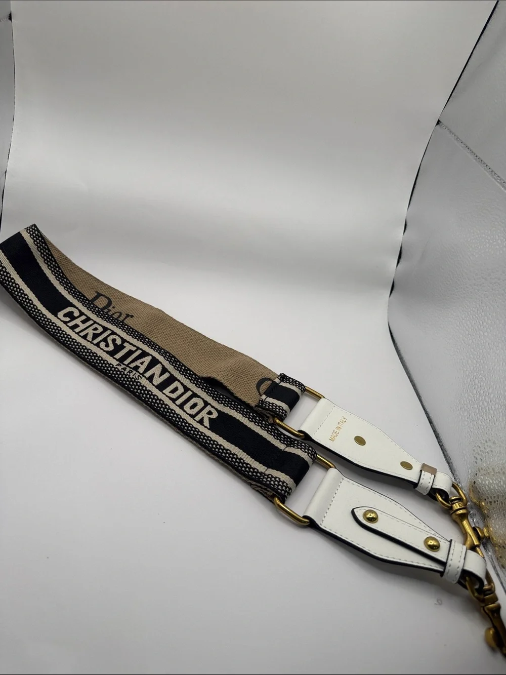 Dior Beige, Black & White Canvas Leather Strap with Gold Hardware
